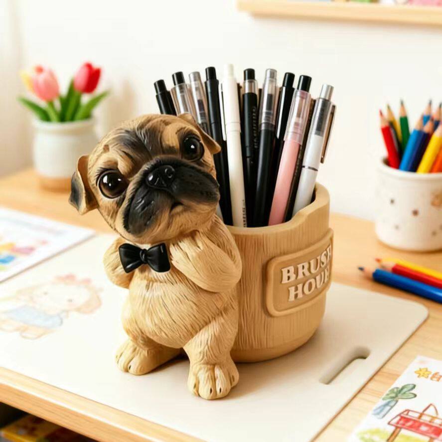 Cute Bowtie Pug Dog Pen Holder, 3D Realistic Puppy Office & Home Decor Organizer