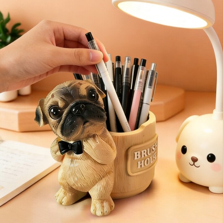 Cute Bowtie Pug Dog Pen Holder, 3D Realistic Puppy Office & Home Decor Organizer