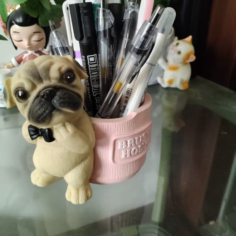 Cute Bowtie Pug Dog Pen Holder, 3D Realistic Puppy Office & Home Decor Organizer
