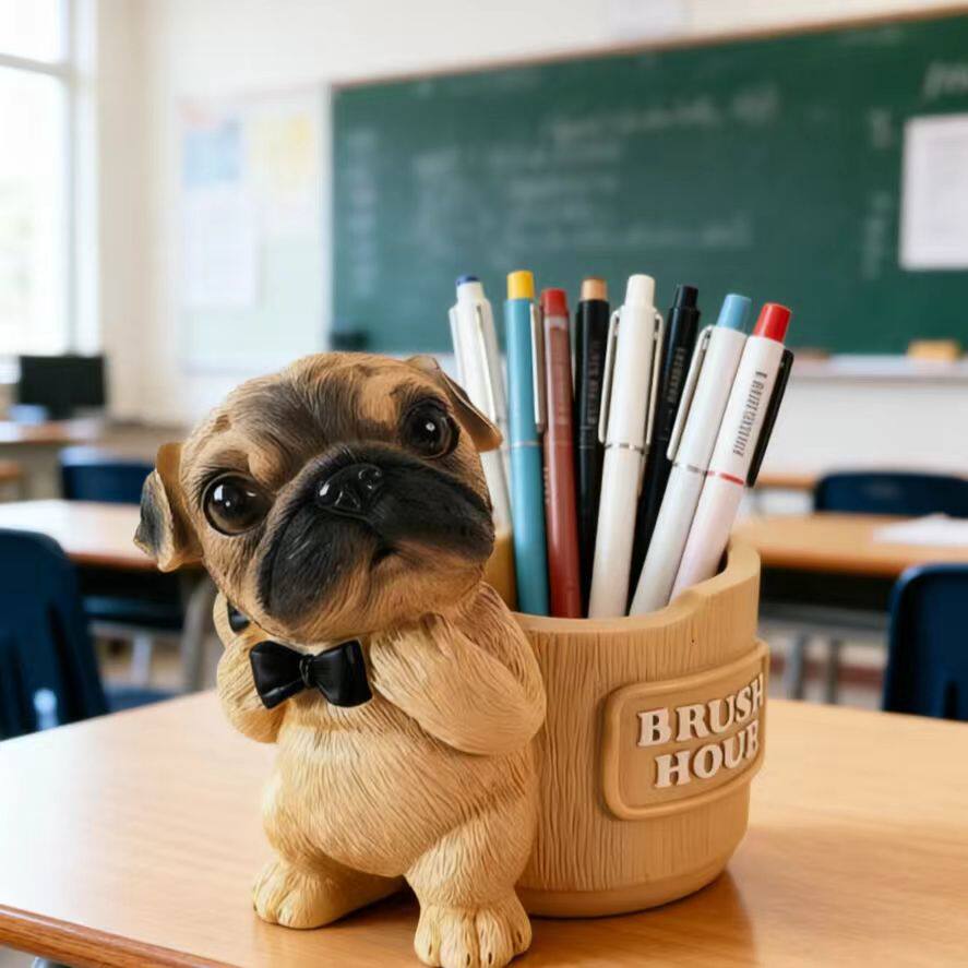Cute Bowtie Pug Dog Pen Holder, 3D Realistic Puppy Office & Home Decor Organizer