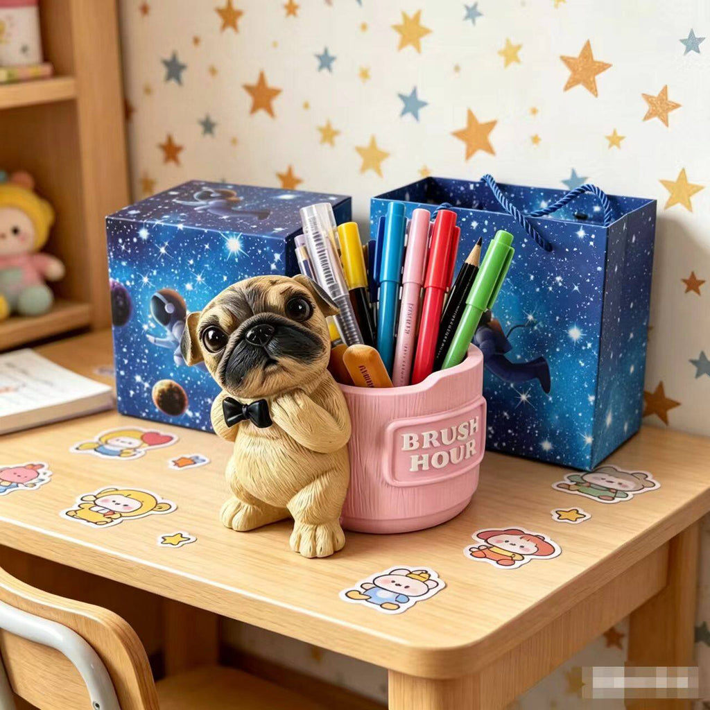 Cute Bowtie Pug Dog Pen Holder, 3D Realistic Puppy Office & Home Decor Organizer