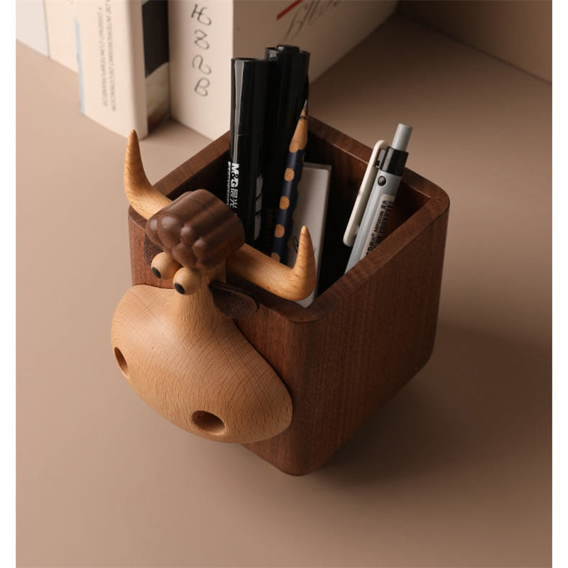 Cute Bull-Shaped Wooden Pen Holder, Natural Wood Desk Organizer, for Home & Office