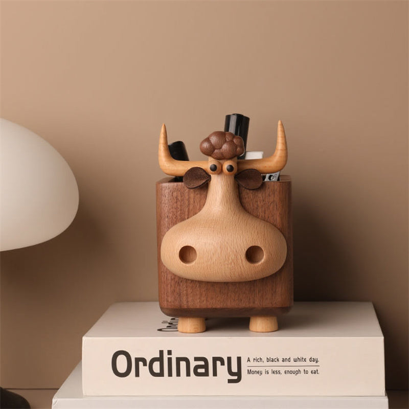 Cute Bull-Shaped Wooden Pen Holder, Natural Wood Desk Organizer, for Home & Office