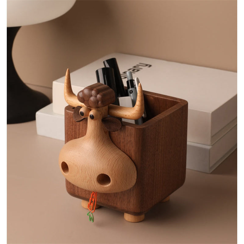 Cute Bull-Shaped Wooden Pen Holder, Natural Wood Desk Organizer, for Home & Office
