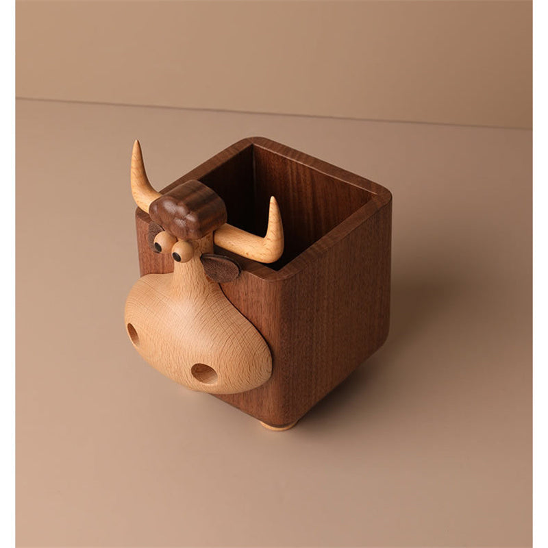 Cute Bull-Shaped Wooden Pen Holder, Natural Wood Desk Organizer, for Home & Office