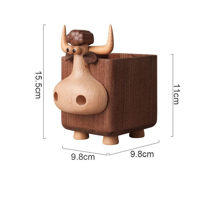 Cute Bull-Shaped Wooden Pen Holder, Natural Wood Desk Organizer, for Home & Office
