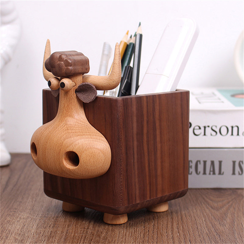 Cute Bull-Shaped Wooden Pen Holder, Natural Wood Desk Organizer, for Home & Office