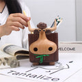 Cute Bull-Shaped Wooden Pen Holder, Natural Wood Desk Organizer, for Home & Office