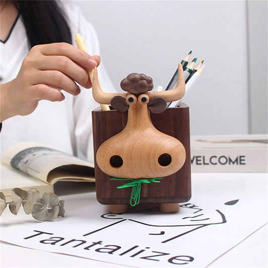 Cute Bull-Shaped Wooden Pen Holder, Natural Wood Desk Organizer, for Home & Office