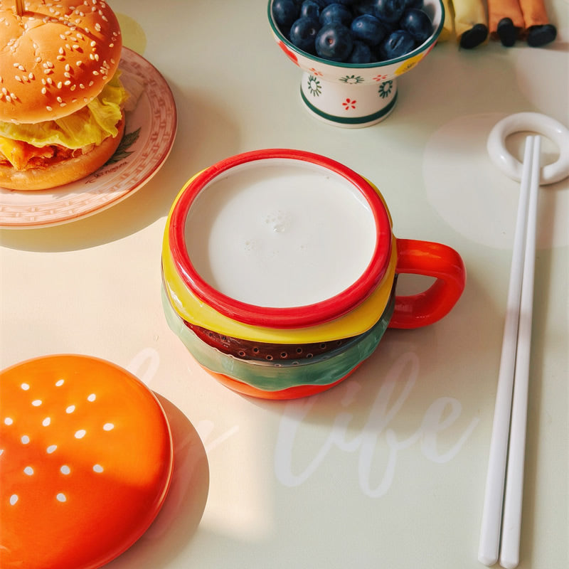 Cute Burger-Shaped Ceramic Mug , 3D Layered Hamburger Coffee Cup, Novelty Food-Themed Tea Mug