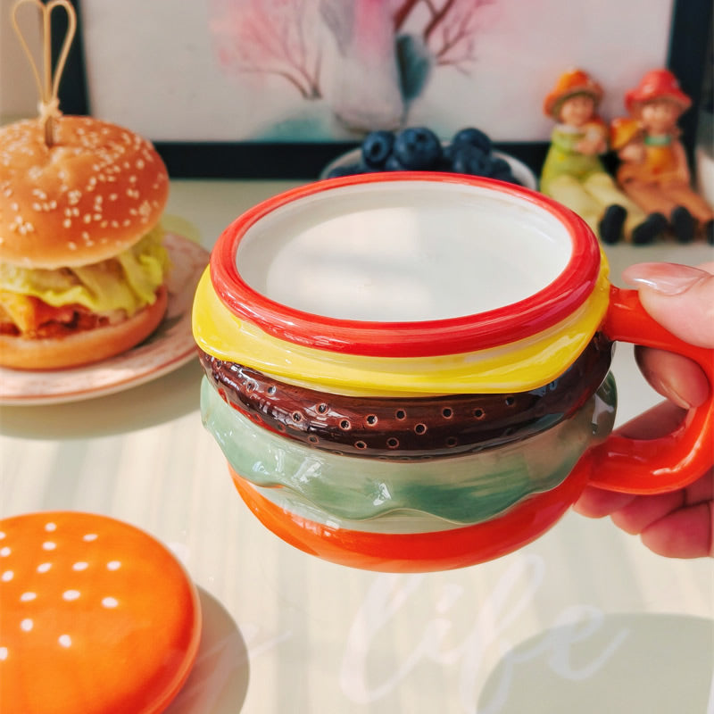 Cute Burger-Shaped Ceramic Mug , 3D Layered Hamburger Coffee Cup, Novelty Food-Themed Tea Mug