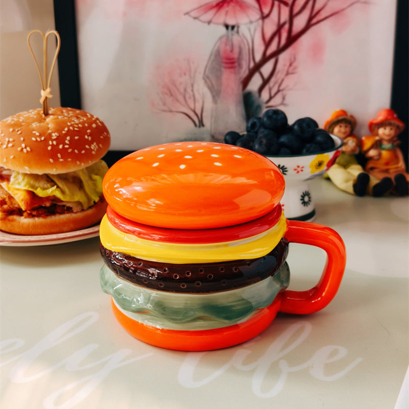 Cute Burger-Shaped Ceramic Mug , 3D Layered Hamburger Coffee Cup, Novelty Food-Themed Tea Mug