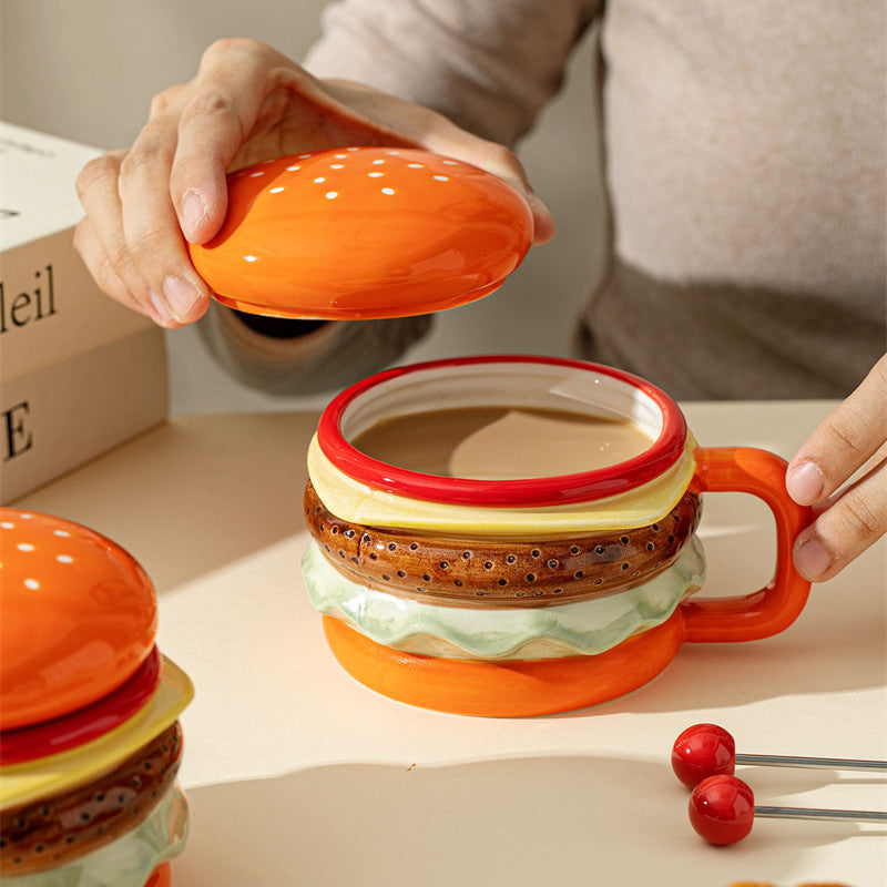 Cute Burger-Shaped Ceramic Mug , 3D Layered Hamburger Coffee Cup, Novelty Food-Themed Tea Mug
