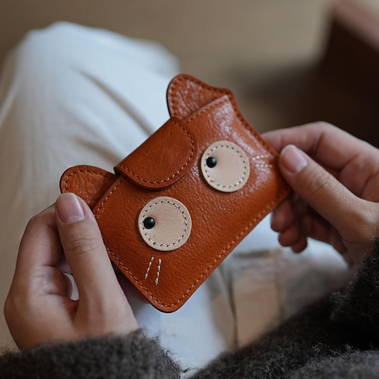 Cute Cat-Face Genuine Leather Card Holder - Snap Closure Mini Wallet, Top-Grain Cowhide