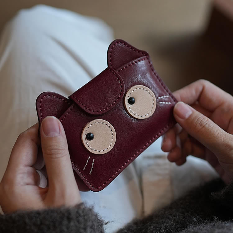 Cute Cat-Face Genuine Leather Card Holder - Snap Closure Mini Wallet, Top-Grain Cowhide