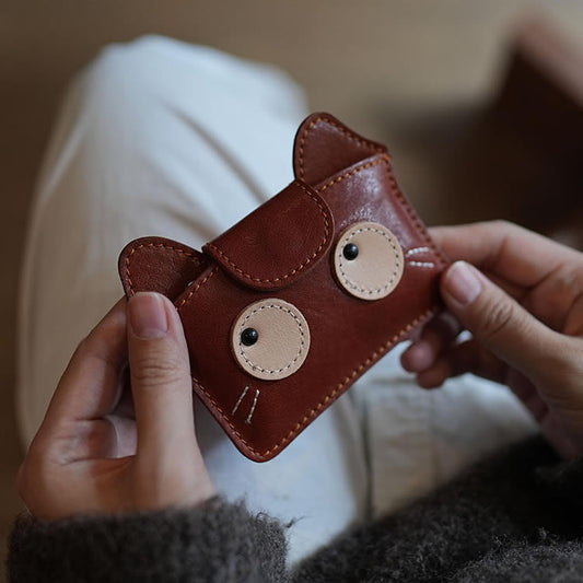 Cute Cat-Face Genuine Leather Card Holder - Snap Closure Mini Wallet, Top-Grain Cowhide