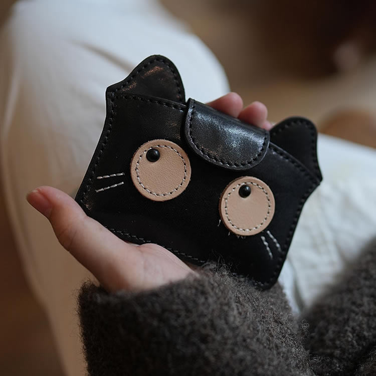 Cute Cat-Face Genuine Leather Card Holder - Snap Closure Mini Wallet, Top-Grain Cowhide