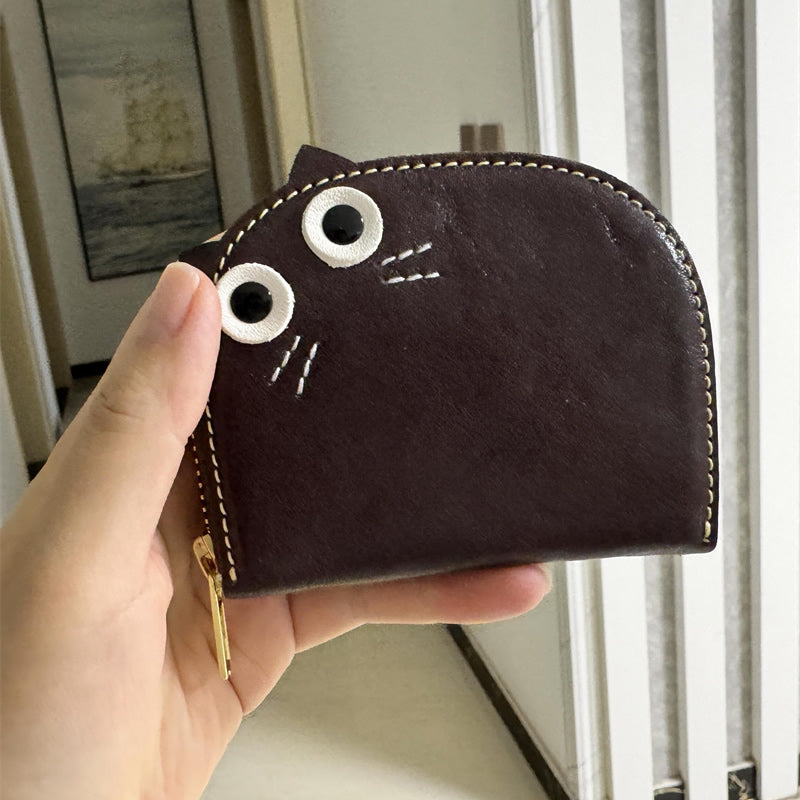 Cute Cat-Shaped Genuine Leather Card Holder - Zippered Card Wallet with 11 Slots, Top-Grain Cowhide
