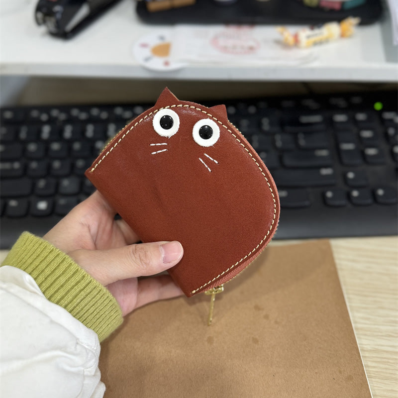 Cute Cat-Shaped Genuine Leather Card Holder - Zippered Card Wallet with 11 Slots, Top-Grain Cowhide