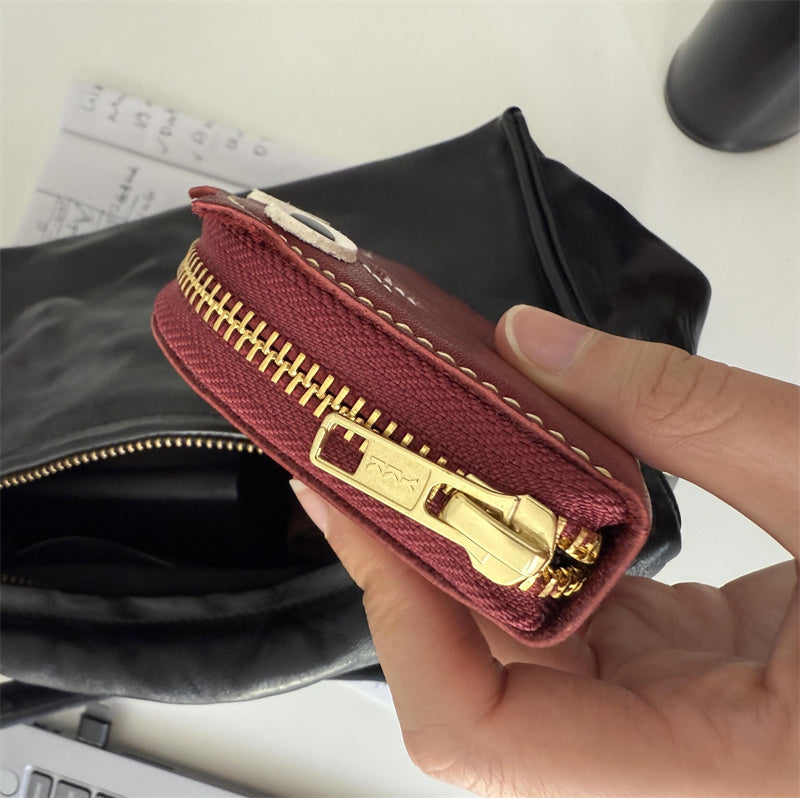 Cute Cat-Shaped Genuine Leather Card Holder - Zippered Card Wallet with 11 Slots, Top-Grain Cowhide