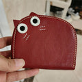 Cute Cat-Shaped Genuine Leather Card Holder - Zippered Card Wallet with 11 Slots, Top-Grain Cowhide
