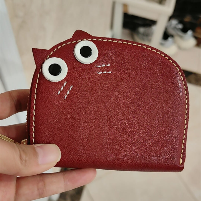 Cute Cat-Shaped Genuine Leather Card Holder - Zippered Card Wallet with 11 Slots, Top-Grain Cowhide