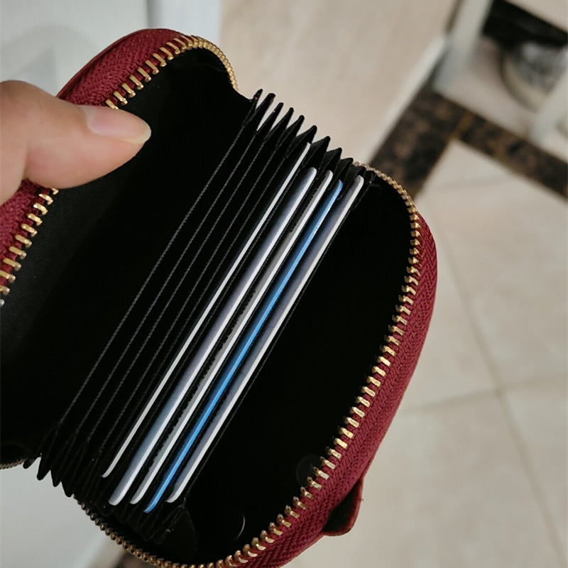 Cute Cat-Shaped Genuine Leather Card Holder - Zippered Card Wallet with 11 Slots, Top-Grain Cowhide