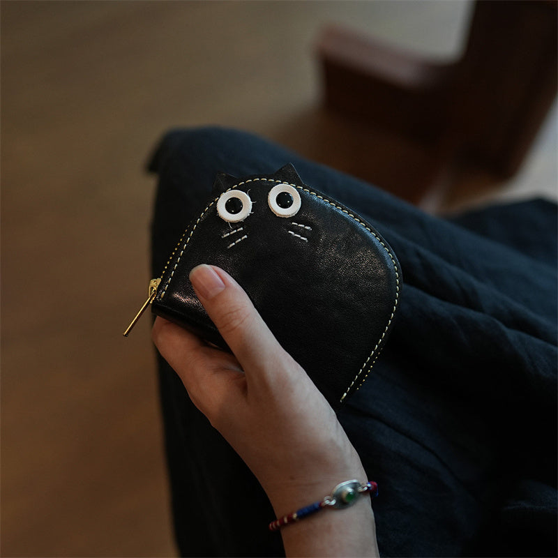 Cute Cat-Shaped Genuine Leather Card Holder - Zippered Card Wallet with 11 Slots, Top-Grain Cowhide
