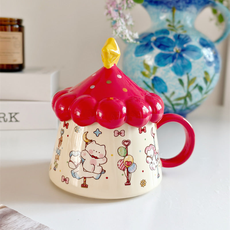 Cute Circus Tent Cat Ceramic Mug with Star Lid, Cartoon Kitten Printed Coffee Cup