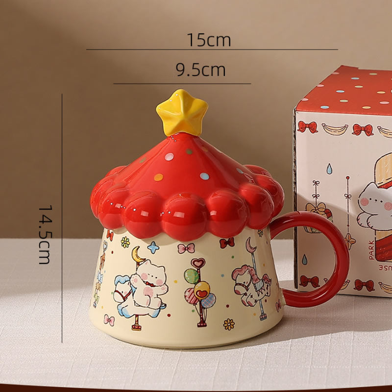 Cute Circus Tent Cat Ceramic Mug with Star Lid, Cartoon Kitten Printed Coffee Cup