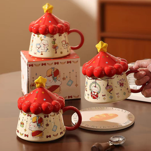 Cute Circus Tent Cat Ceramic Mug with Star Lid, Cartoon Kitten Printed Coffee Cup