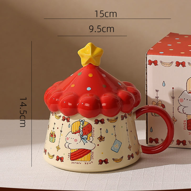 Cute Circus Tent Cat Ceramic Mug with Star Lid, Cartoon Kitten Printed Coffee Cup