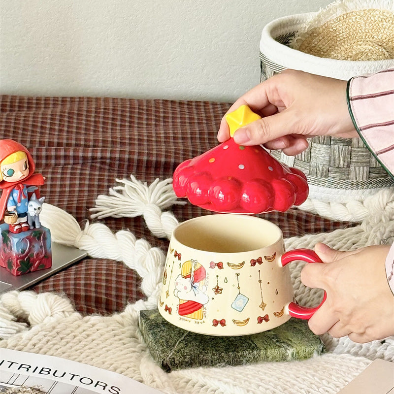 Cute Circus Tent Cat Ceramic Mug with Star Lid, Cartoon Kitten Printed Coffee Cup