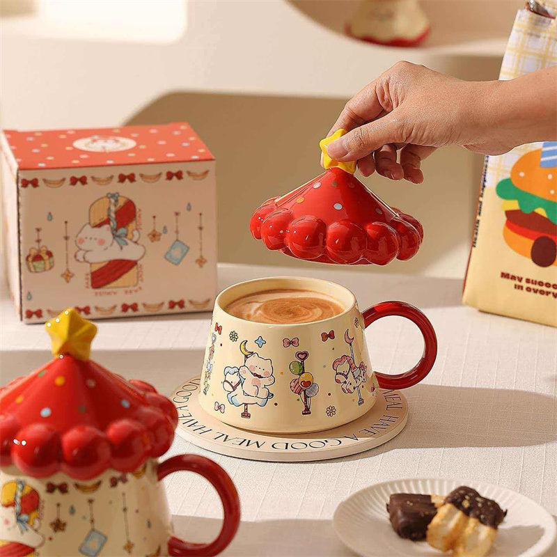 Cute Circus Tent Cat Ceramic Mug with Star Lid, Cartoon Kitten Printed Coffee Cup