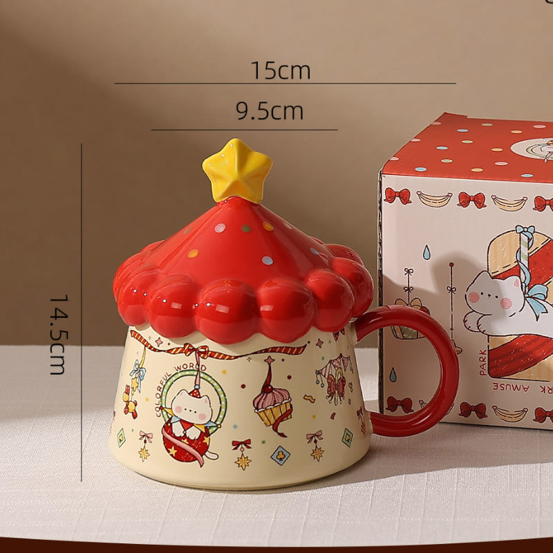 Cute Circus Tent Cat Ceramic Mug with Star Lid, Cartoon Kitten Printed Coffee Cup