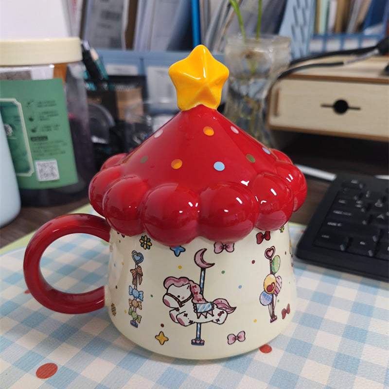 Cute Circus Tent Cat Ceramic Mug with Star Lid, Cartoon Kitten Printed Coffee Cup