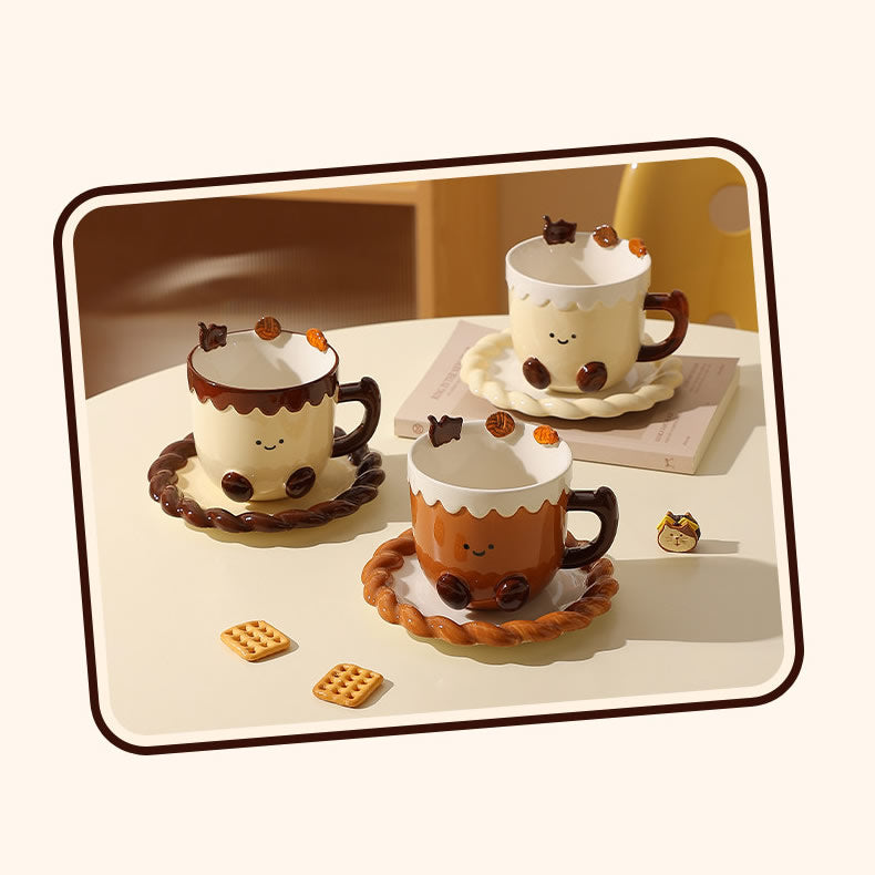 Cute Cookie Ceramic Mug & Coaster Set,Smiling Face Coffee Cup,Dessert-Inspired Tea Mug for Home