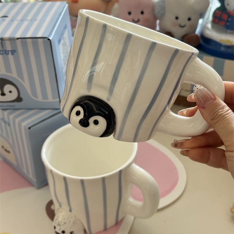 Cute 3D Penguin & Seal Cup, Blue Striped Ceramic Mug, Adorable Animal Coffee Cup for Girl & Kids