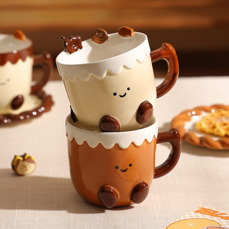 Cute Cookie Ceramic Mug & Coaster Set,Smiling Face Coffee Cup,Dessert-Inspired Tea Mug for Home
