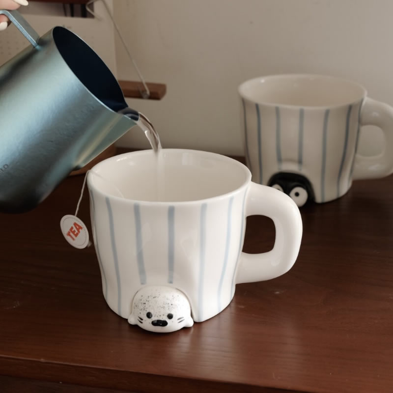 Cute 3D Penguin & Seal Cup, Blue Striped Ceramic Mug, Adorable Animal Coffee Cup for Girl & Kids