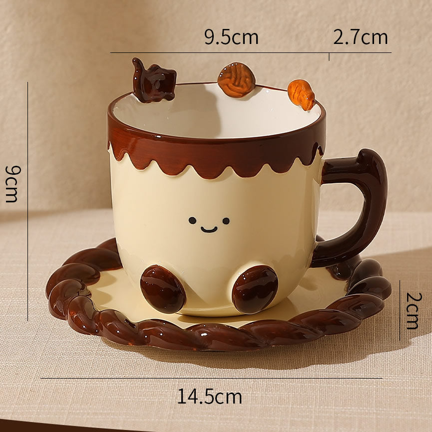 Cute Cookie Ceramic Mug & Coaster Set,Smiling Face Coffee Cup,Dessert-Inspired Tea Mug for Home