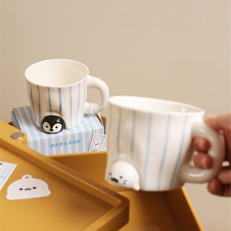 Cute 3D Penguin & Seal Cup, Blue Striped Ceramic Mug, Adorable Animal Coffee Cup for Girl & Kids