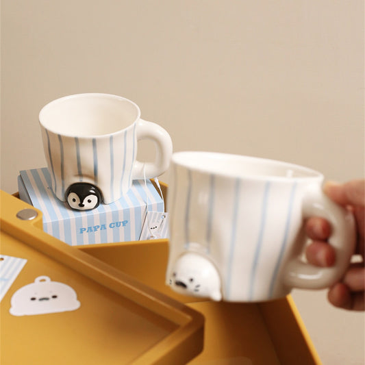 Cute 3D Penguin & Seal Cup, Blue Striped Ceramic Mug, Adorable Animal Coffee Cup for Girl & Kids