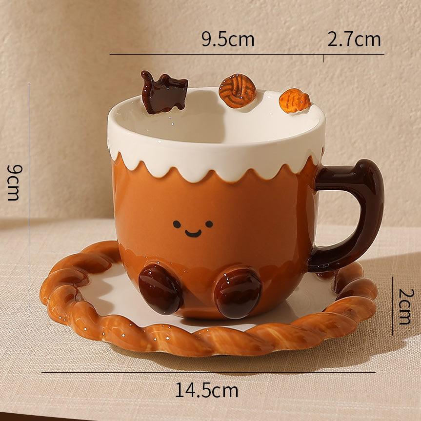 Cute Cookie Ceramic Mug & Coaster Set,Smiling Face Coffee Cup,Dessert-Inspired Tea Mug for Home