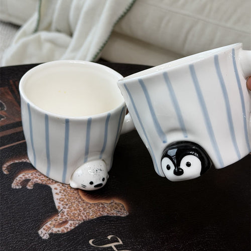 Cute 3D Penguin & Seal Cup, Blue Striped Ceramic Mug, Adorable Animal Coffee Cup for Girl & Kids