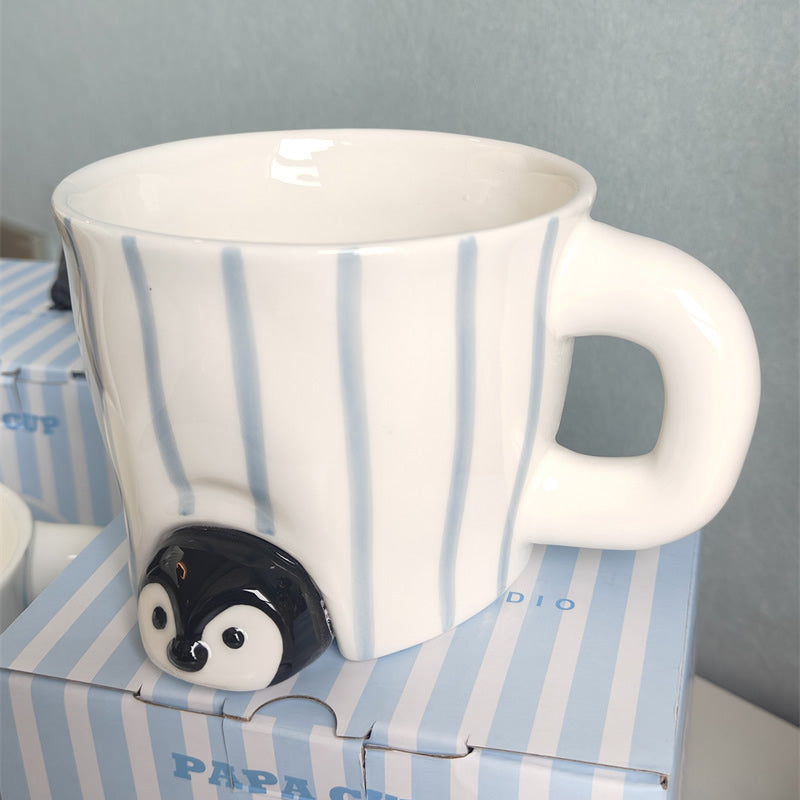 Cute 3D Penguin & Seal Cup, Blue Striped Ceramic Mug, Adorable Animal Coffee Cup for Girl & Kids