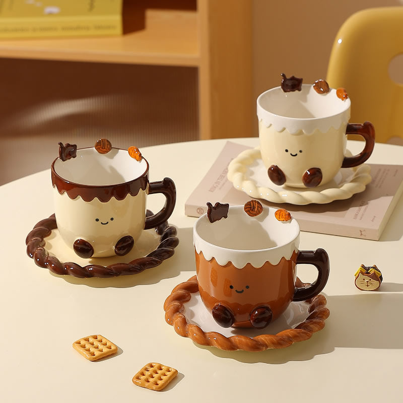 Cute Cookie Ceramic Mug & Coaster Set,Smiling Face Coffee Cup,Dessert-Inspired Tea Mug for Home