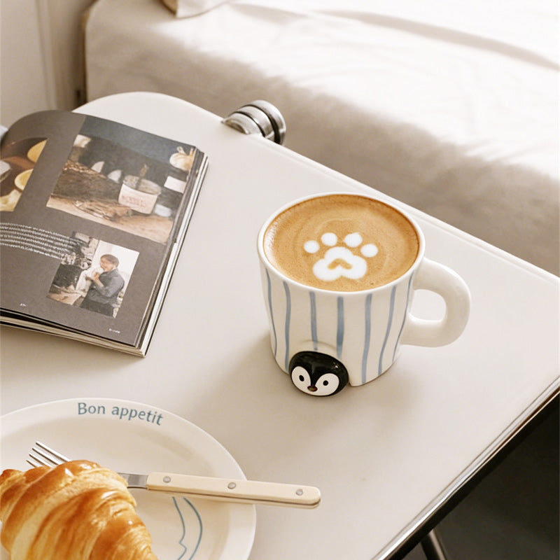 Cute 3D Penguin & Seal Cup, Blue Striped Ceramic Mug, Adorable Animal Coffee Cup for Girl & Kids