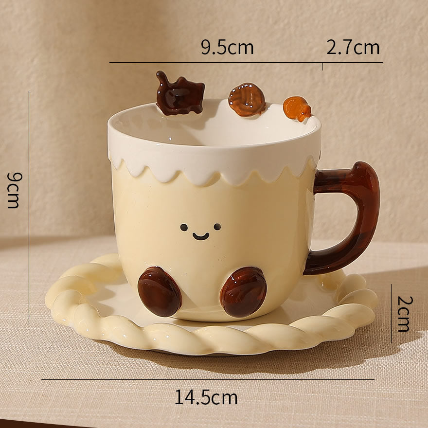 Cute Cookie Ceramic Mug & Coaster Set,Smiling Face Coffee Cup,Dessert-Inspired Tea Mug for Home