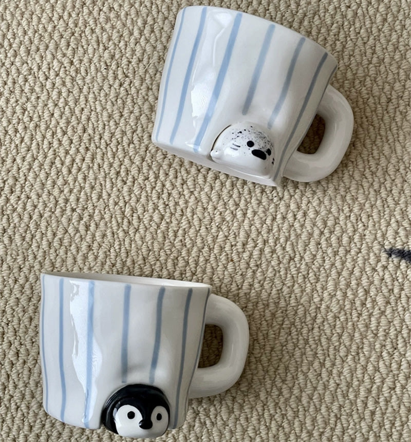 Cute 3D Penguin & Seal Cup, Blue Striped Ceramic Mug, Adorable Animal Coffee Cup for Girl & Kids
